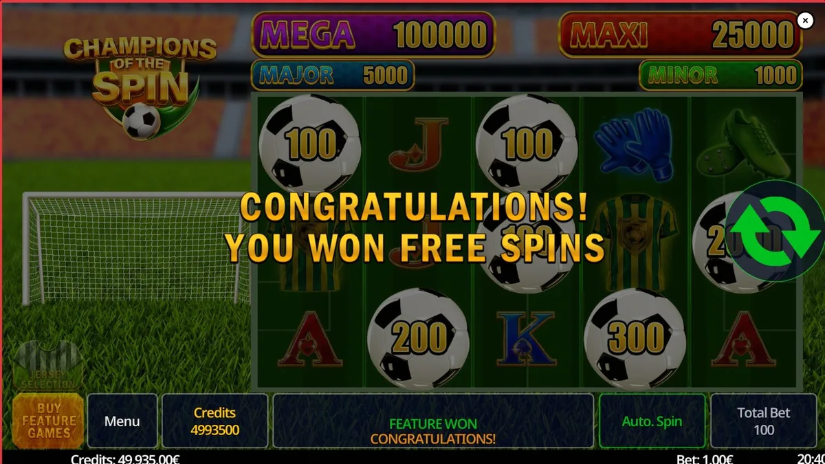 Interface do jogo de slot Champion of The Spin com tema de futebol