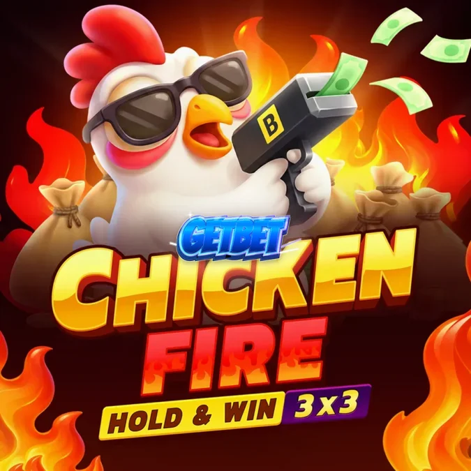 Interface do jogo Chicken Fire com símbolos de moedas e galinhas em um grid 3x3